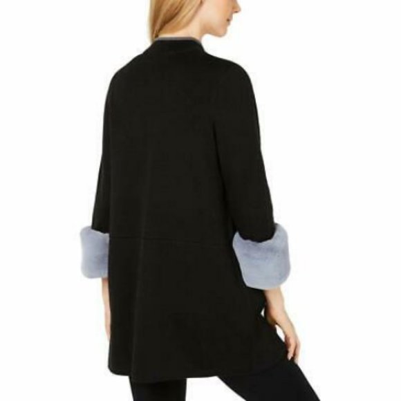 Alfani Petite Faux-Fur-Cuff Cardigan Deep Black PS - Picture 2 of 2